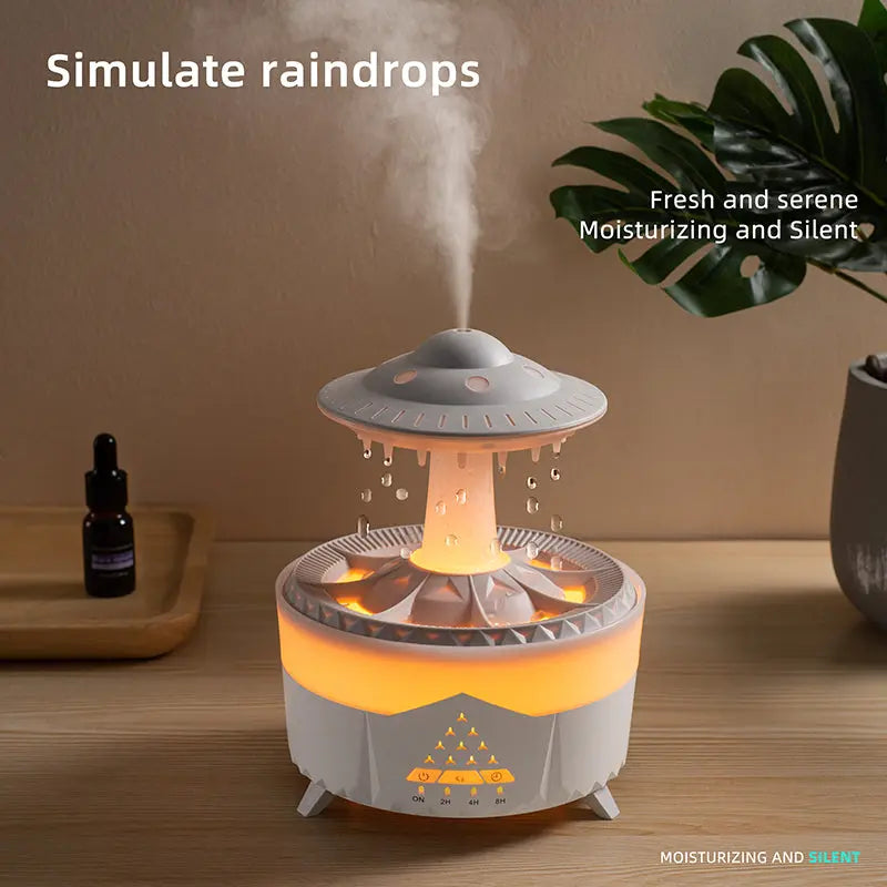 Humidifier emitting mist with decorative elements on a wooden surface