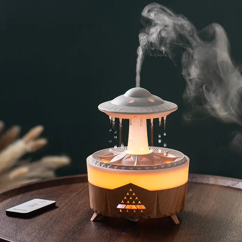 UFO-shaped humidifier emitting steam on a dark background