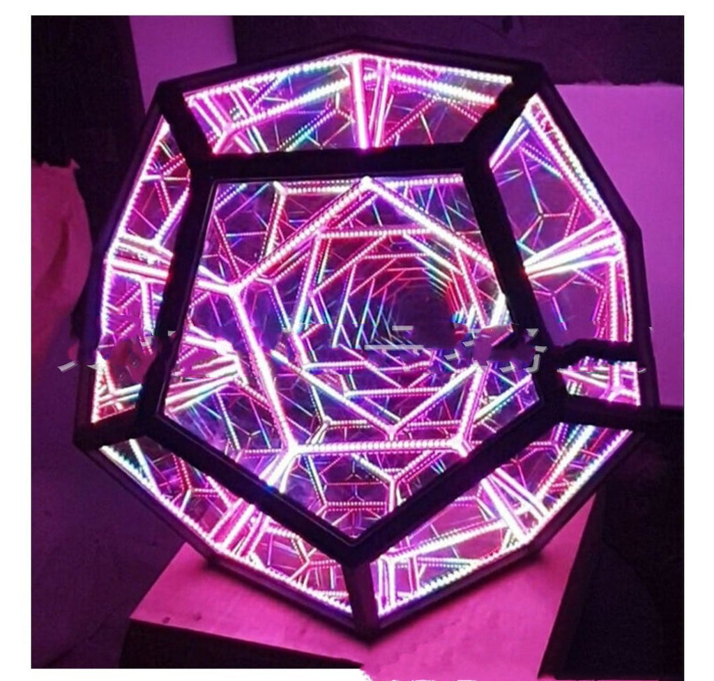 Geometric light sculpture with colorful LED lights on a purple background