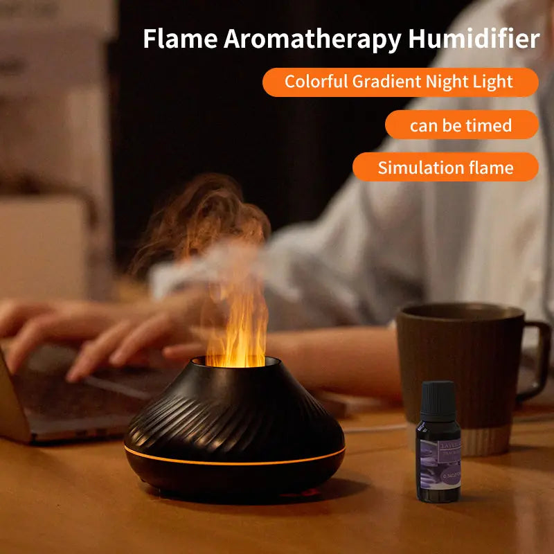 Flame Aromatherapy Humidifier with colorful gradient night light on a table.