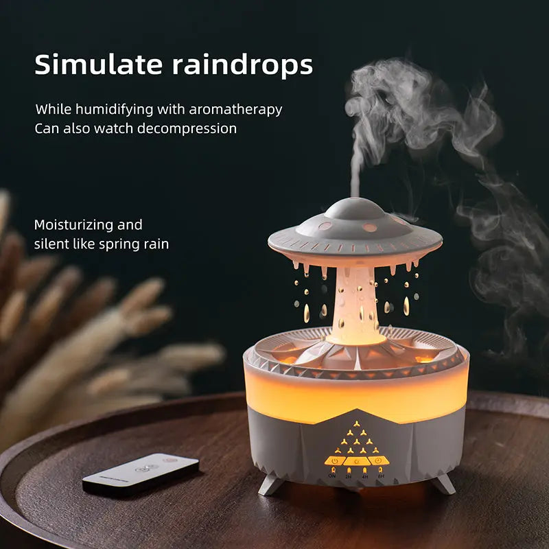 Humidifier with aromatherapy feature on a wooden surface, emitting steam.