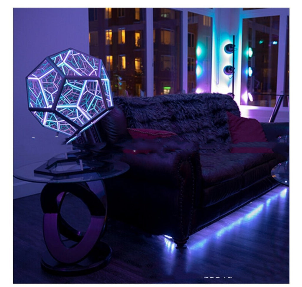 Modern living room with a geometric light fixture and cityscape view